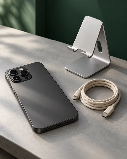 A smartphone, a silver stand and a braided charging cable