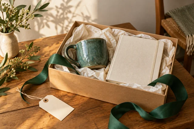 An open kraft gift box with a teal mug, notebook and green ribbon