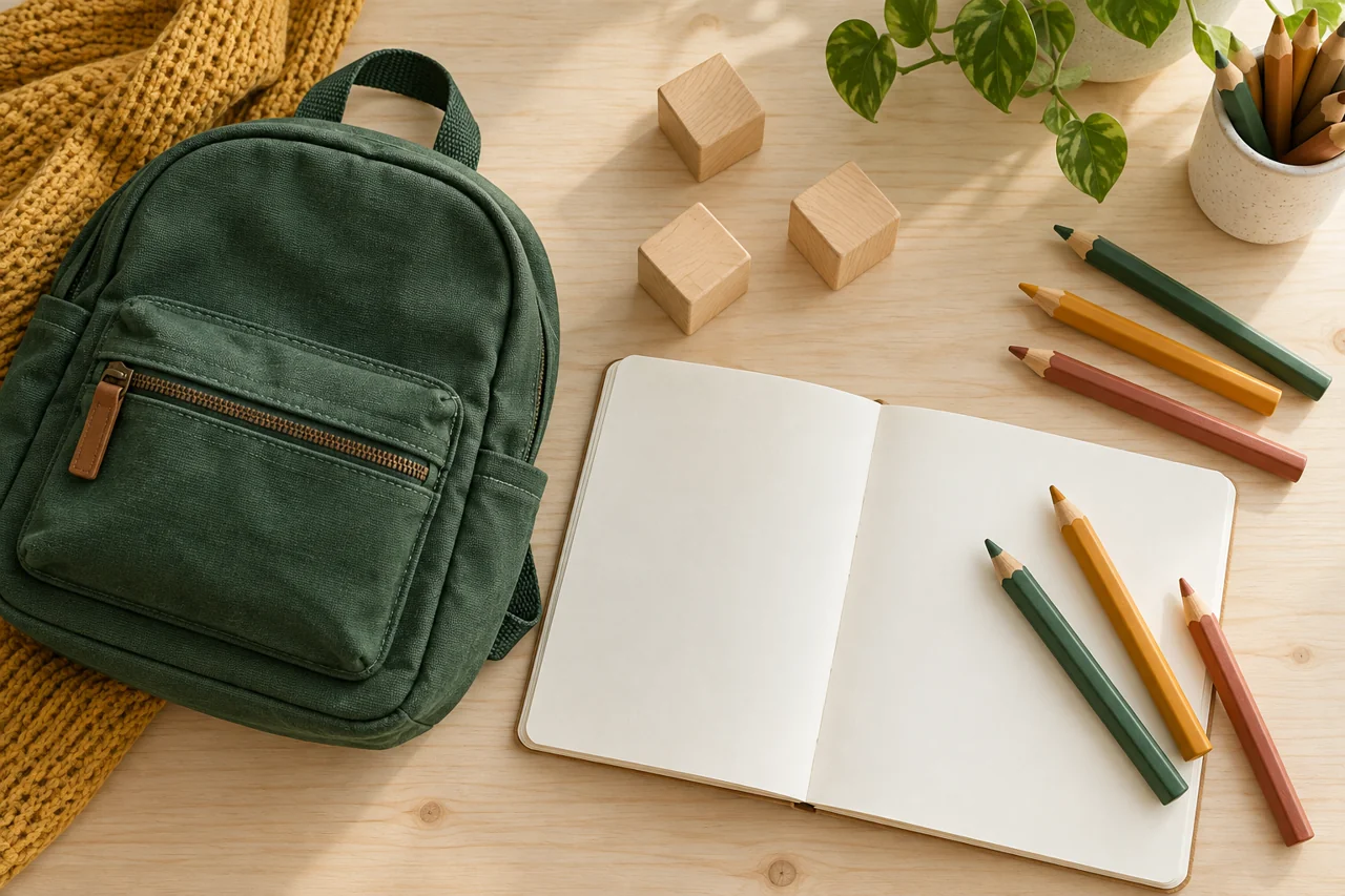 Green school backpack, pencils, blank notebook and wooden blocks